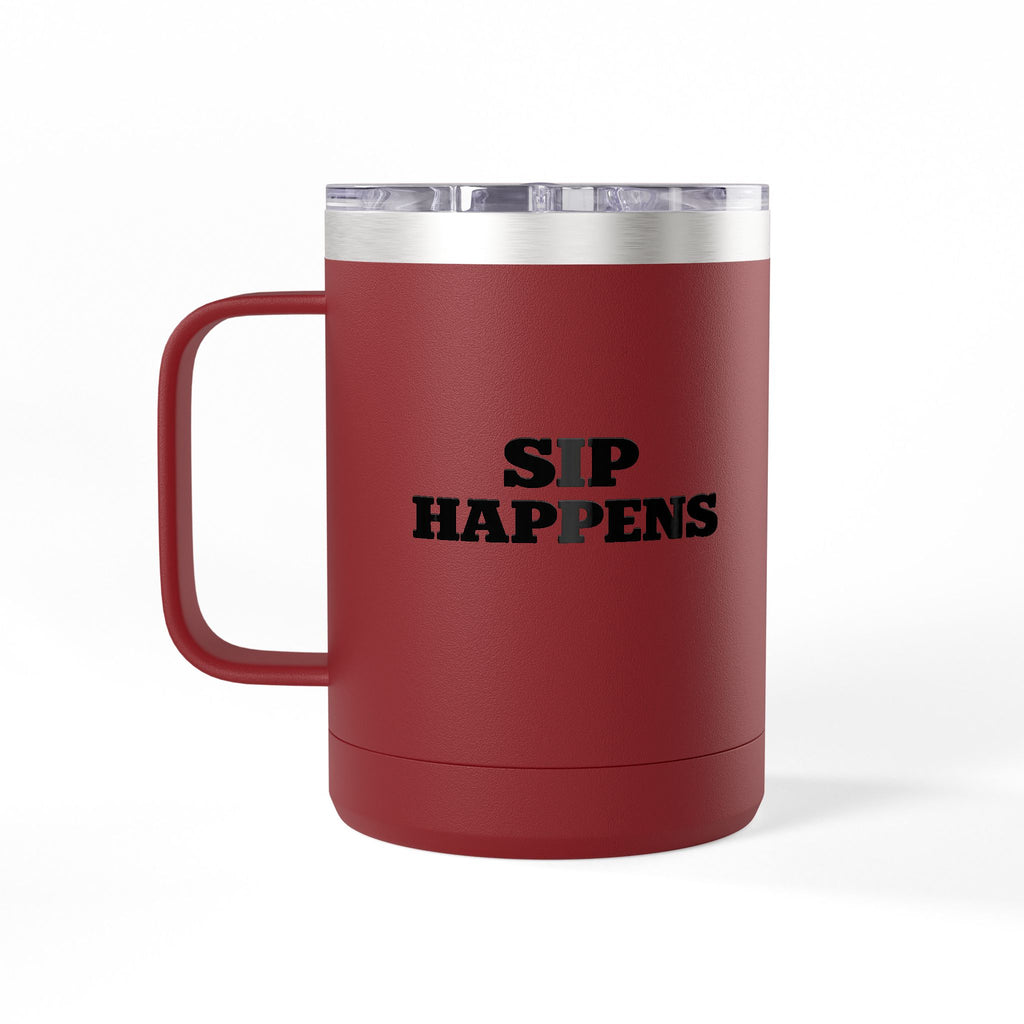 Sip Happens Coffee Mug Tumbler – 15oz Stainless Steel Insulated Mug with Handle; Lid