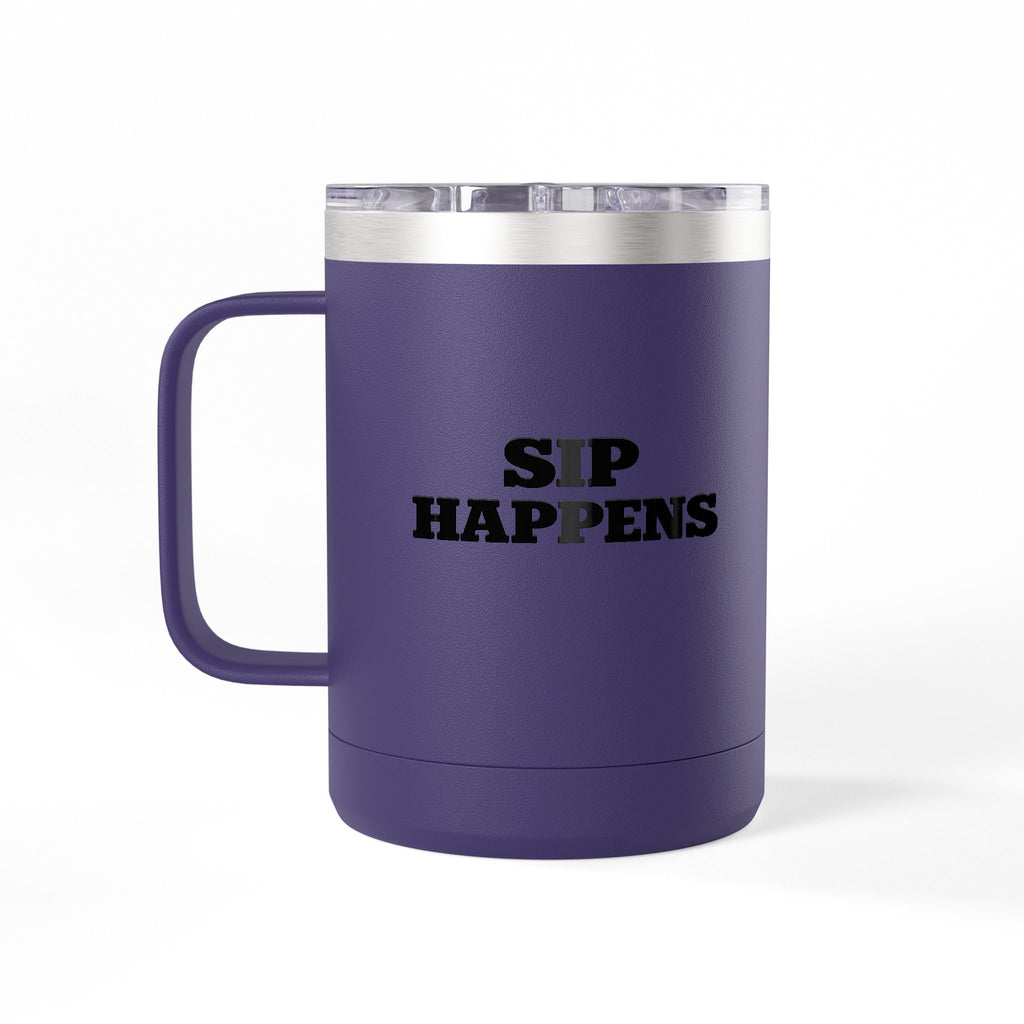 Sip Happens Coffee Mug Tumbler – 15oz Stainless Steel Insulated Mug with Handle; Lid