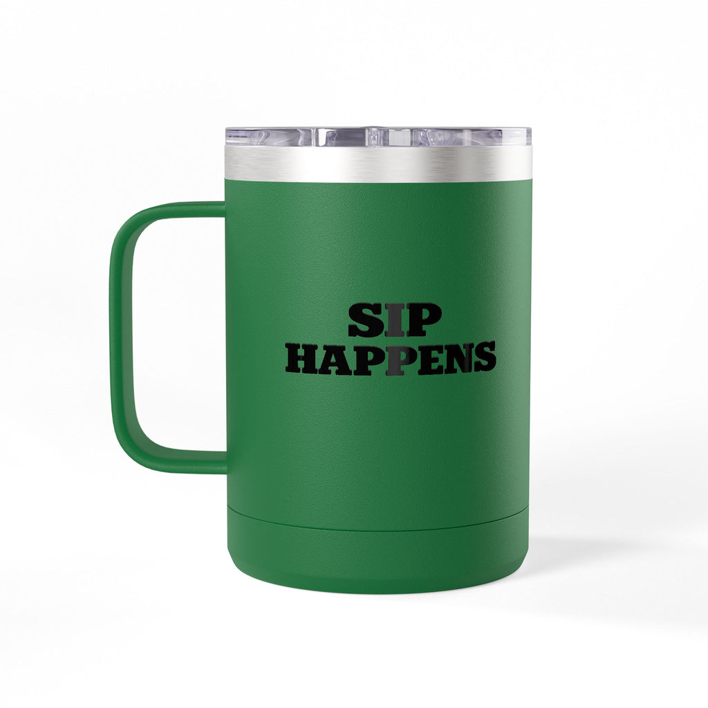 Sip Happens Coffee Mug Tumbler – 15oz Stainless Steel Insulated Mug with Handle; Lid