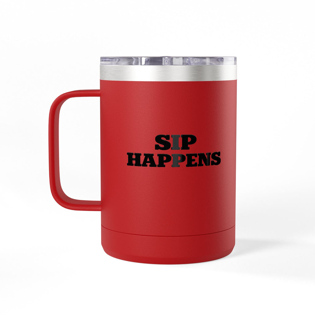 Sip Happens Coffee Mug Tumbler – 15oz Stainless Steel Insulated Mug with Handle; Lid