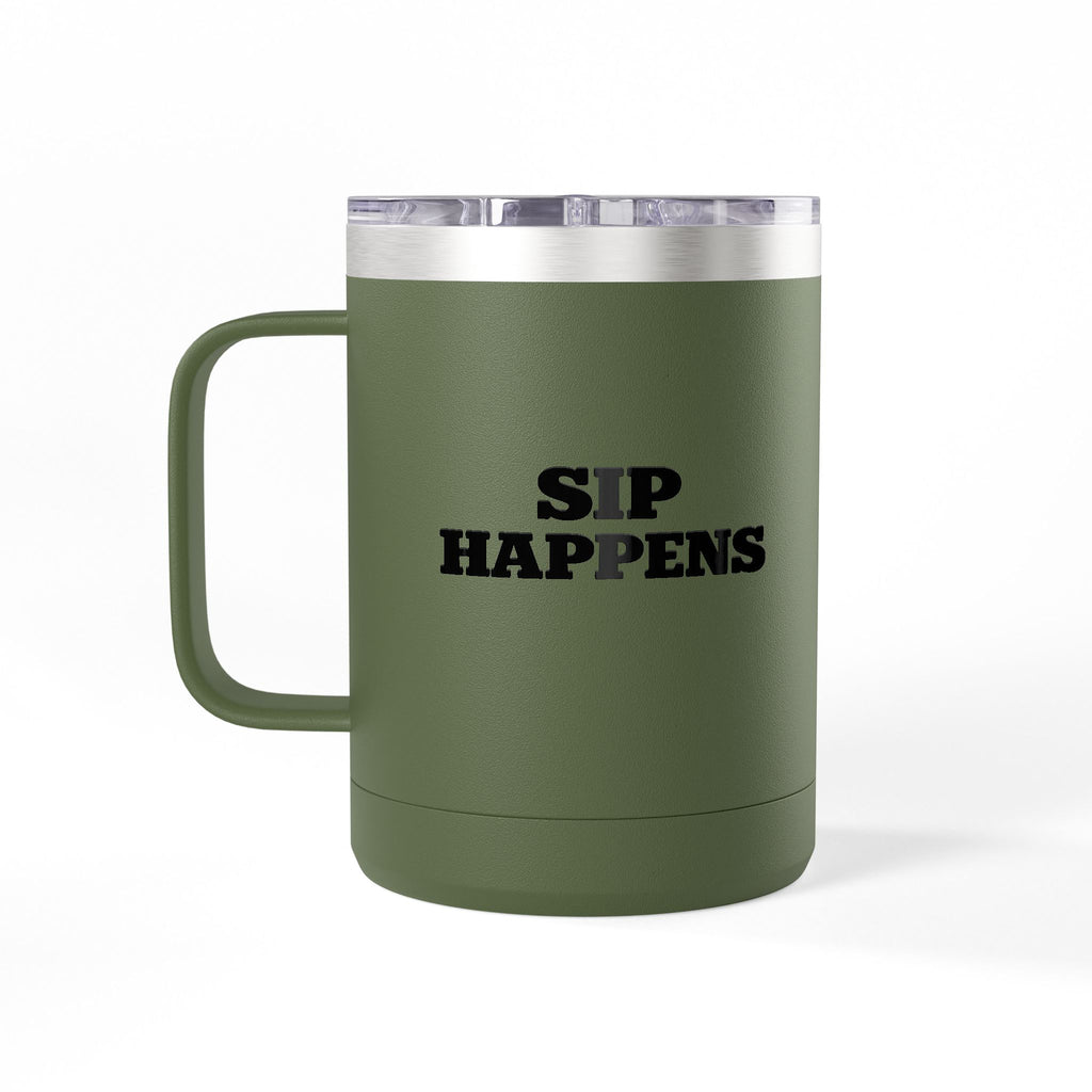 Sip Happens Coffee Mug Tumbler – 15oz Stainless Steel Insulated Mug with Handle; Lid