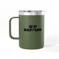 Sip Happens Coffee Mug Tumbler – 15oz Stainless Steel Insulated Mug with Handle; Lid
