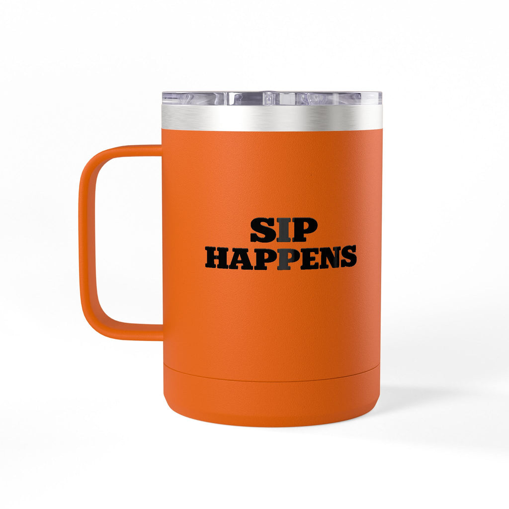 Sip Happens Coffee Mug Tumbler – 15oz Stainless Steel Insulated Mug with Handle; Lid